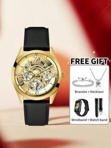 Guess Men's Vintage Styled Openwork Watch Rich Chocolate Leather Strap Warm Tone Bezel Roman Numeral Track Analog Quartz Wristwatch Business Promotions Gift - one-size - View 3