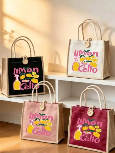 Vigour Summer Borsa tote in iuta con grafica limoncello, borsa a mano con bottone in legno portatile, borsa a spalla riutilizzabile per la spesa, borsa regalo casual quotidiana per donne