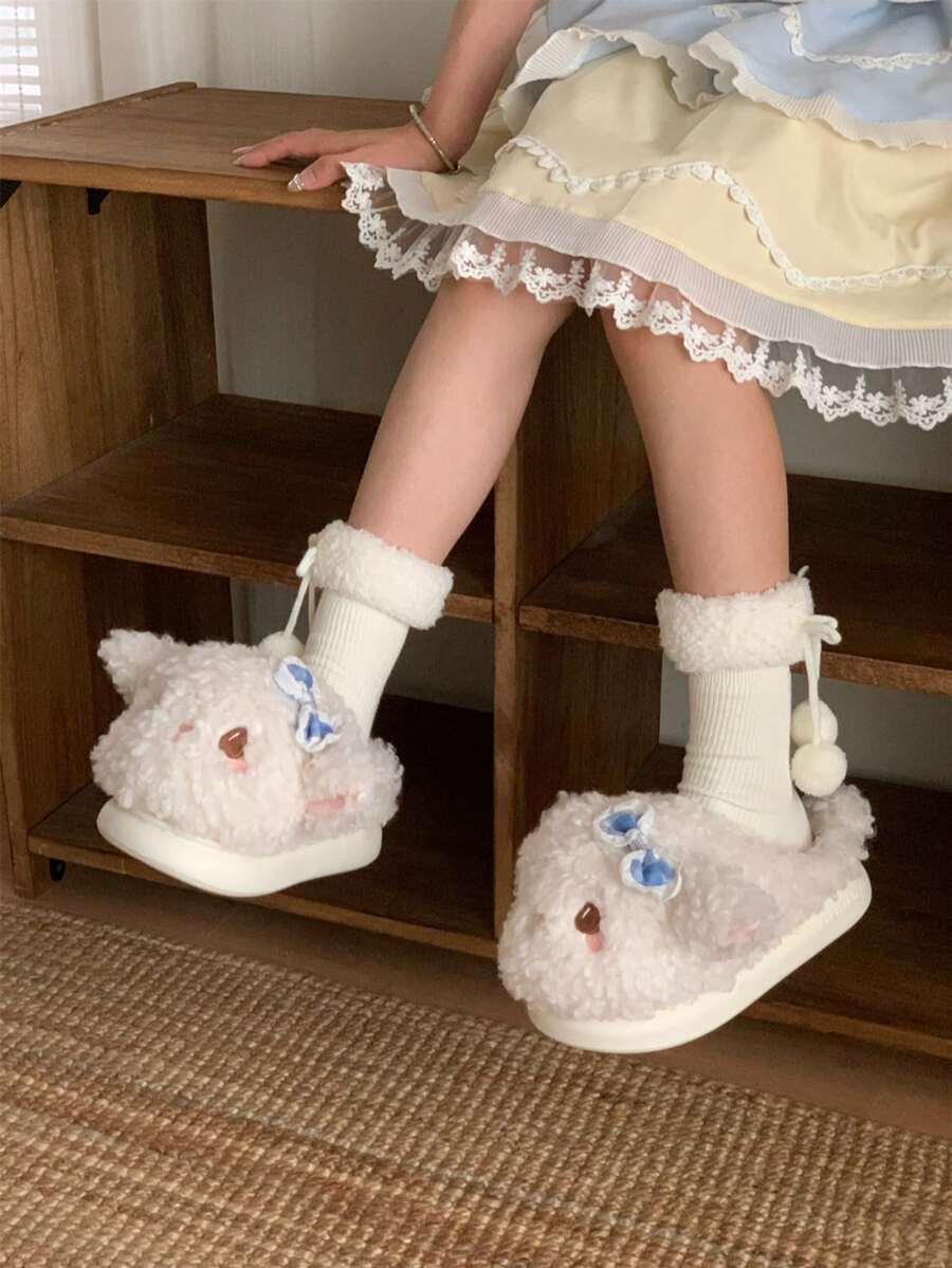 XIXITIAO Soft Cute Sheep Winter Closed‑Toe House Slippers, Warm Plush Bow Decor Sheep Indoor Slippers - White - View 1