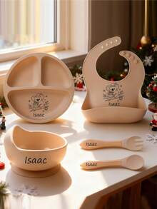 Infant Silicone Feeding Utensils, Christmas Style Customizable Name, Christmas Gift, Bib, Plate, Bowl, Fork & Spoon - Multicolor - View 4