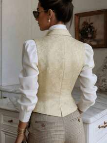French Jacquard Blazer Vest For Women, Vintage Textured Cropped Waist Vest Commuter Layering Top White Summer - White - View 3
