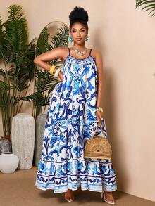 BIUBIU Elegant Plus Size Cami Maxi Dress, Boho Blue Floral Print Ruffle Hem Sundress, Sleeveless Spaghetti Strap Backless Woven Fabric For Beach Outfits - Blue - View 3