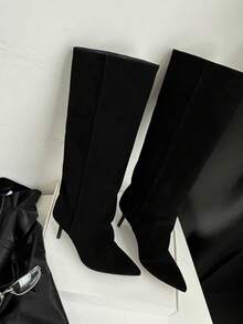 French Blogger Style Pointed Toe Wide Shaft Knee-High Boots, Nordic Kitten Heel Riding Boots For Women - Black - View 9