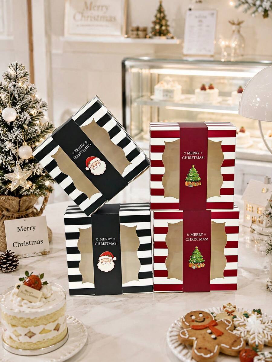 4/12pcs Christmas Theme Window Paper Dessert Boxes, Foldable Baking Packaging Boxes, Suitable For Halloween Cookies, Macarons, Tarts, Holiday Party Gift Empty Boxes - View 1