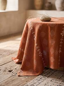 1pc Orange-Red Background White Flower Geometric Embroidered Tablecloth, Vintage Pastoral Style Fabric Material, Round Floral Vine Embroidery Detail Decoration, Home Use Round Tablecloth Suitable For Daily Home And Vintage Dining Table Arrangement - Orange - View 5