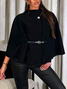 Women's Fashionable Elegant Short 3/4 Sleeve Stand Collar Loose Woolen Coat With Belt, Winter Black Fall - Black - View 1