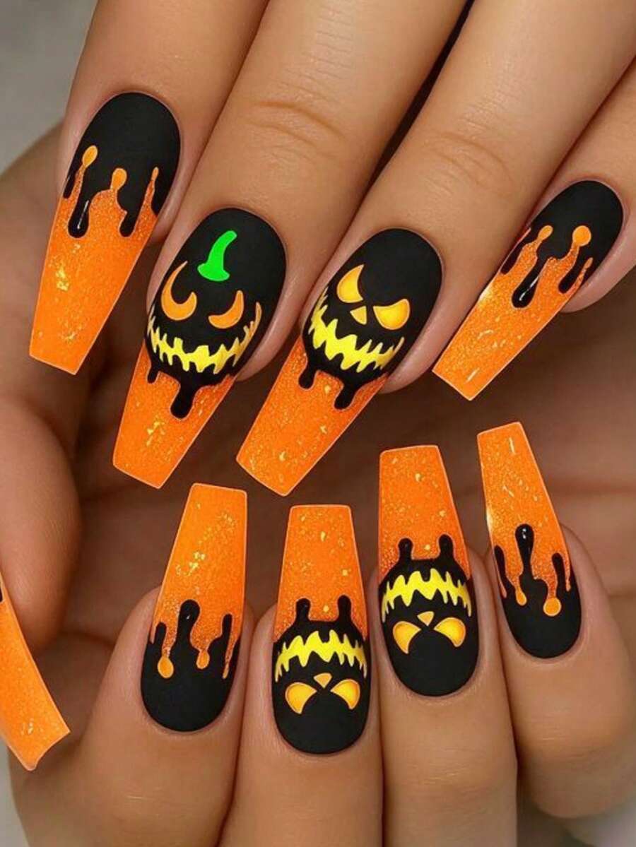 24PCS Halloween Press On Nails, Long Coffin Fake Nails, Matte Black And Orange Glitter Design With Pumpkin Face & Drip Pattern, Reusable False Nail Tips For Halloween Party Decoration - Multicolor - View 1