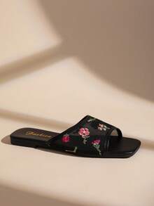 French Floral Mesh Square Toe Flat Slip-On Sandals For Women, Summer Outdoor Fairy Style Vacation Slippers - Black - View 5