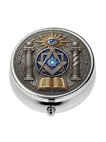 1pc 3-Compartment Freemasonry Symbol Universal Eye Ancient Art Theme Mini Pill Box, Metal Mini Pill Box Organizer For Medicine And Vitamins, Decorative Gold - Multicolor - View 7