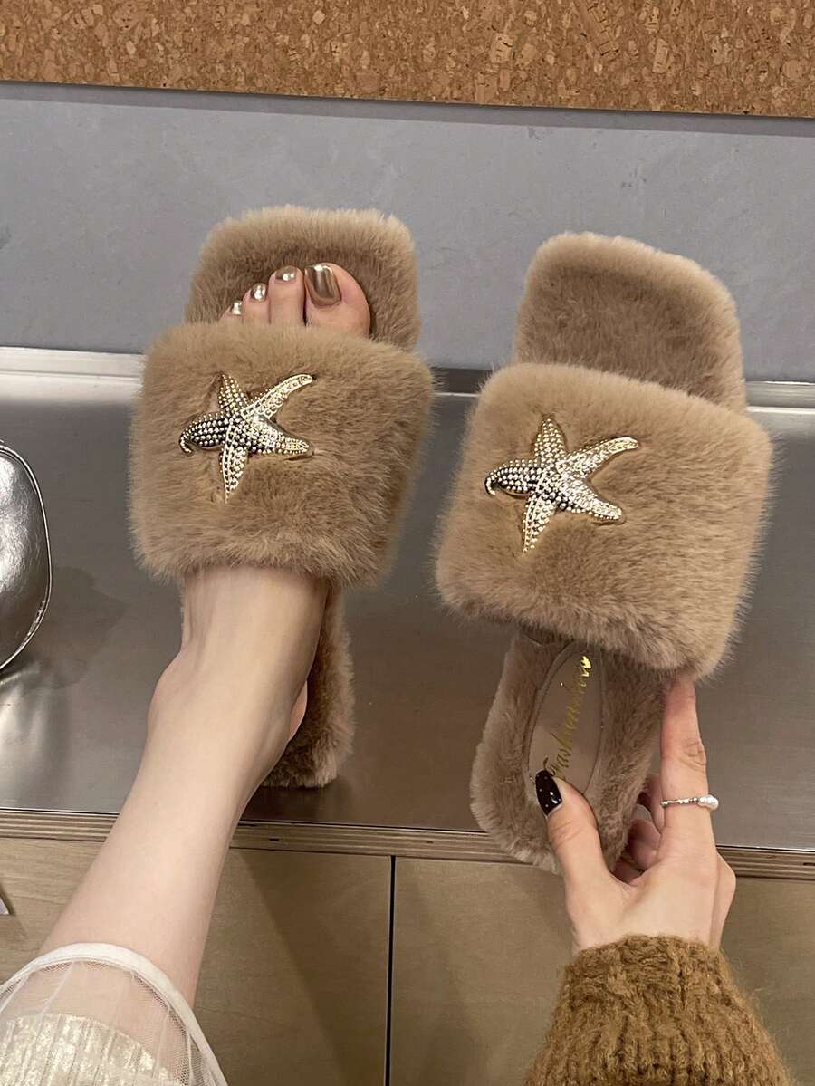 Autumn/Winter Rhinestone Starfish Plush Slip-On Slippers For Women, Thickened Warm Plush Flat Slippers, Home And Outdoor Dual-Use Luxury Style Open Toe Fuzzy Slippers - Camel - View 1