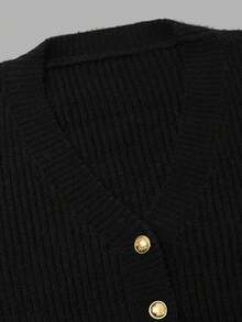 NiceArt V-Neck Cinched Waist Ribbed Knit Cardigan, Winter Vintage Casual Black Gold Button Tie Waist Long Sleeve Sweater Jacket, Autumn Outfit, Halloween - Black - View 4