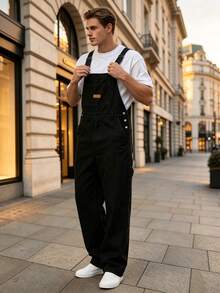 Men's Black Denim Dungarees Chest Pocket Multi Pocket Overalls - Black - View 7