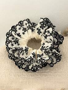 2/1入 多層蕾絲大號髮圈，優雅黑白花卉刺繡高級感女性髮飾，時尚後梳髮髻與馬尾造型設計，適合戶外日常穿搭、派對與旅行 - 彩色 - 查看 7