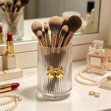 1pc Transparent Acrylic Makeup Brush Holder With Gold Bow, Creative Cosmetic Storage Bucket, Lipstick And Pen Organizer, Desktop Decor Makeup Storage Box - View 4