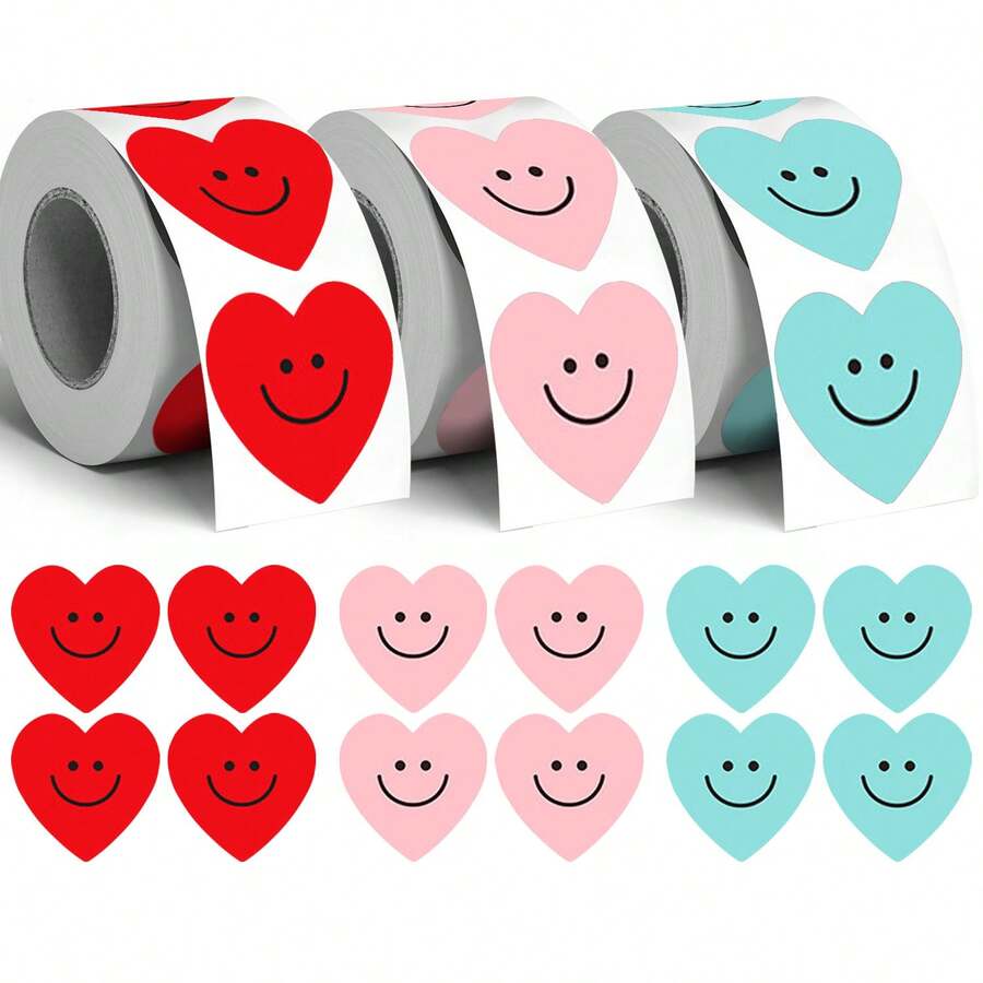 500pcs Heart Doodle Roll Stickers, 1 Inch Heart Shape, 3 Colors Available, Lively Healing Minimalist Ins Style, Perfect For Baking Gift Box Sealing, Souvenir Packaging, Scrapbooking, Children's Reward Stickers, Creative Express Packaging, Market Stall Decoration - Multicolor - View 1