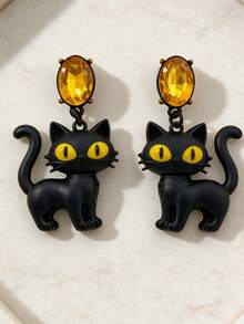 1 Pair Women's Fashion Dangle Earrings, Matte Black Cat Pendant Earrings, Gothic Dark Style Jewelry, Suitable For Halloween Costume Party Wear - Black + Yellow - View 3