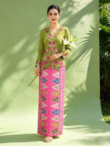 1pc Women's Printed Elegant Nyonya Skirt, Spring/Summer - Pink - View 5