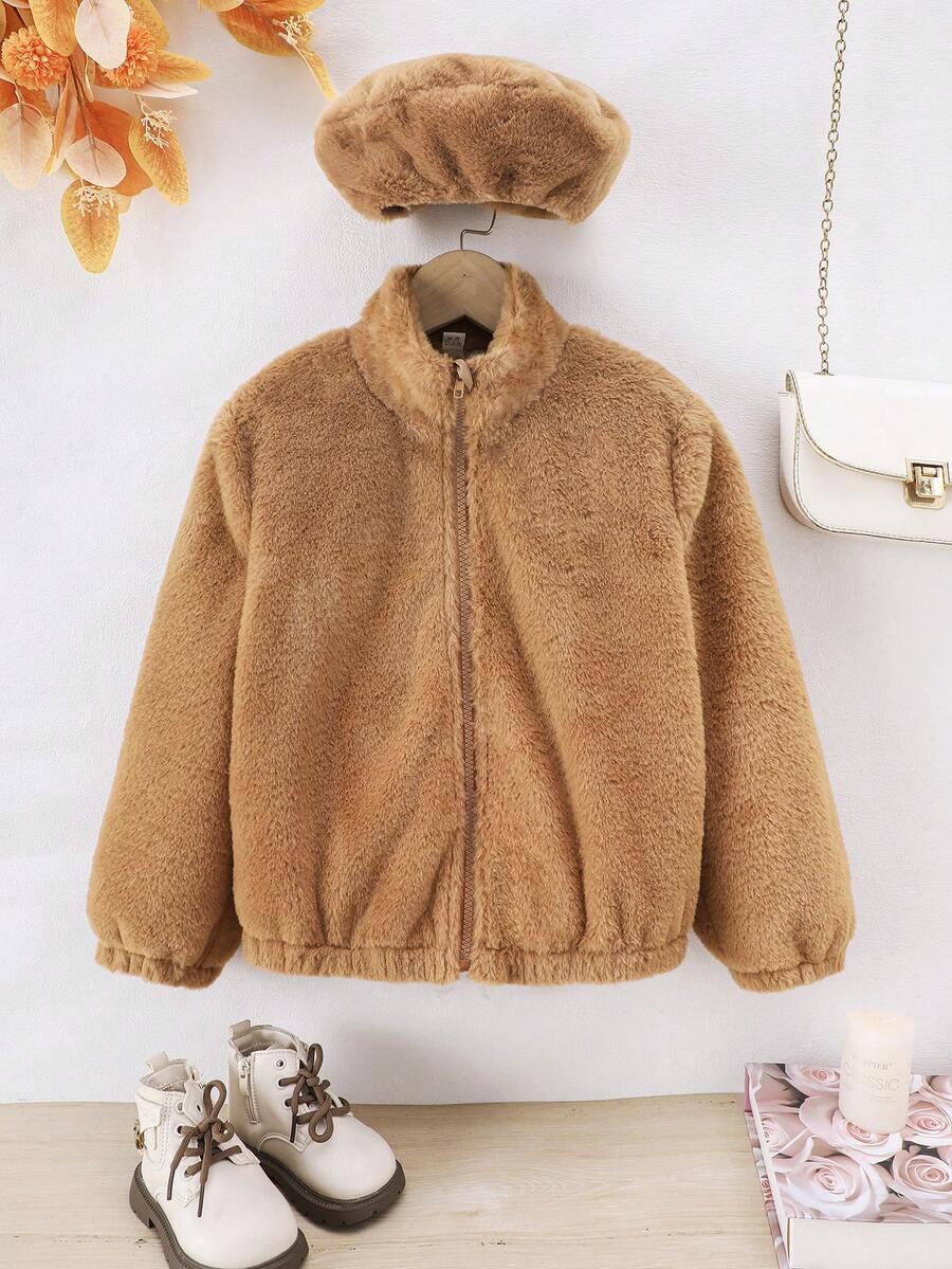 Tween Girls Autumn/Winter Stand Collar Plush Zip-Up Cardigan With Matching Beret Casual Jacket - Brown - View 1