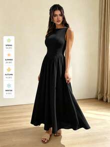 QIANZHIDU SUNSTORY Women's Autumn Black Boat Neck Sleeveless Cinched Waist A-Line Midi Dress, Suitable For Dates, Parties, Homecoming, Daily Wear - 黑色 - 查看 6