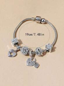 1pc Fashionable Rose Gold Beaded Bracelet, Hollow Carved Heart Charm With Rhinestone Embellishment Valentines,Mom,Mother,Mother's Day,Gift - Multicolor - View 5
