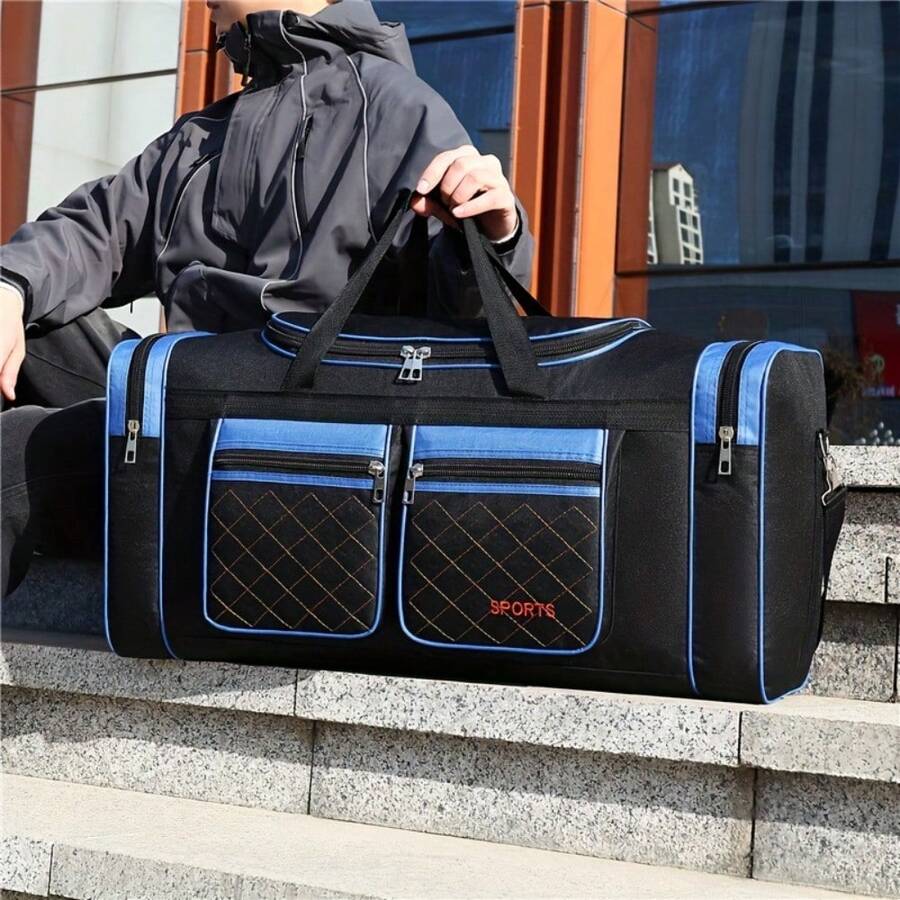 [Multifunctional Nylon Travel Bag] Large Capacity Multi-Compartment Nylon Travel Bag - Multifunctional Travel Tote Bag With Adjustable Shoulder Strap, Multiple Compartments, Suitable For Vacation, Work, Storage And Camping - Black With Blue Decoration, Men's Travel Bag