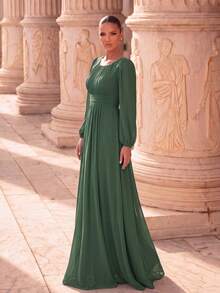 EVERPRETTY Chiffon Round Neck Lantern Sleeve Bridesmaid Dress Wedding Fall - Olive Green - View 6