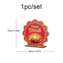 HAPPY DIWALI Party Decoration Wooden Tabletop Ornament Diwali Festival Celebration Lotus Lamp Plaque - Multicolor - View 3