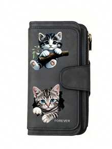 Gray Tabby Cat Design Retro Wallet, Two Fold Multi Zipper Separated Wallet, Coin Purse, Multiple Card Slots And Cash Compartments, Daily Commuting - Multicolor - View 11