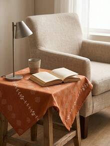 1pc Orange-Red Background White Flower Geometric Embroidered Tablecloth, Vintage Pastoral Style Fabric Material, Round Floral Vine Embroidery Detail Decoration, Home Use Round Tablecloth Suitable For Daily Home And Vintage Dining Table Arrangement - Orange - View 8