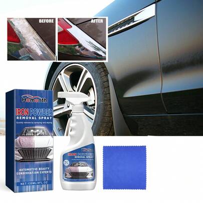 Homonth Spray removedor de polvo de hierro para automóviles, limpiador de óxido y polvo de frenos, spray limpiador de llantas y pintura de automóviles, elimina rápidamente la contaminación por hierro,  para la pintura. Kit de 120 ml con paño.