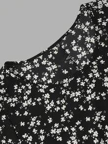 Gaun Wanita Motif Bunga Kecil Musim Gugur Panjang Sedang, Lengan Pendek Mengembang dengan Rok A-Line Berumbai (Sabuk Tidak Termasuk) - Hitam - View 5