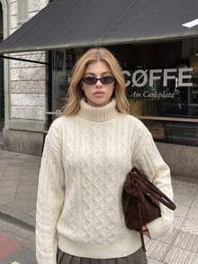 JustMiss Women's High Neck Long Sleeve Knitted Drop Shoulder Loose Fit Vintage Lazy Pullover Sweater, Autumn/Winter - Apricot - View 5