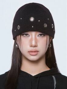 1 chiếc mũ len beanie phong cách punk, đan kim, đính khoen kim loại, trang trí đinh tán cá tính, mũ trùm đầu streetwear đa năng - màu đen - Xem 12