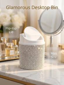 Desktop Cosmetic Trash Can With Rhinestones, Trash Organizer Swivel Lid Desktop Organizer For Dressing Table, Bedroom, Office Shine In The Sun - Multicolor - View 2