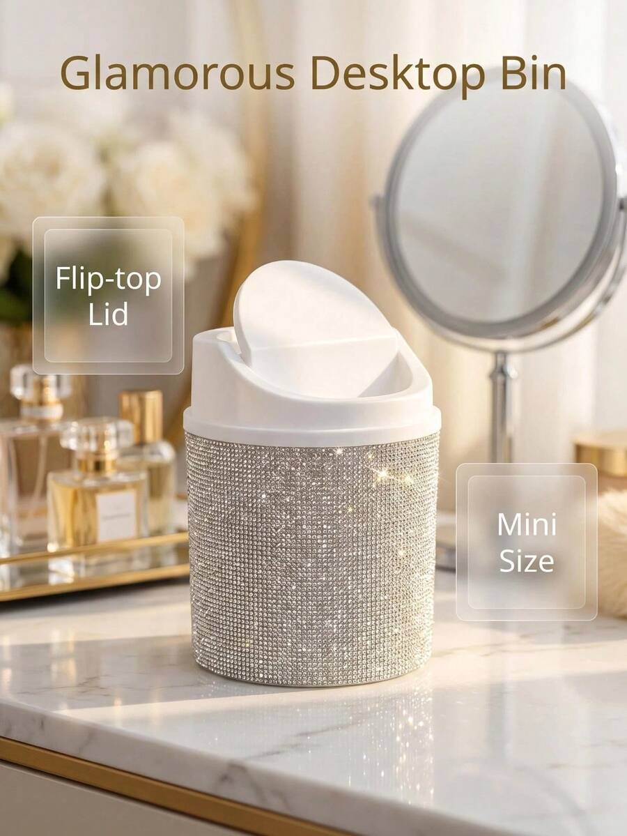 Desktop Cosmetic Trash Can With Rhinestones, Trash Organizer Swivel Lid Desktop Organizer For Dressing Table, Bedroom, Office Shine In The Sun