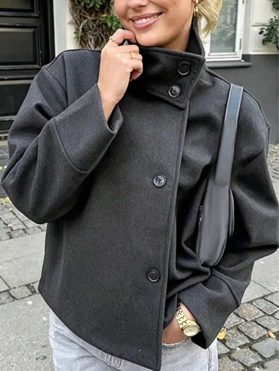 女款梭織布飛行夾克，高領長袖，附鈕扣細節，標準長度，打造時尚冬季造型