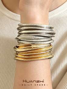 1pc European And American Style Gold And Silver Color Patchwork Elastic Rope Bracelet, Minimalist INS Style Fashion Bracelet Set, Suitable For Women's Daily Wear - Multicolor - View 1