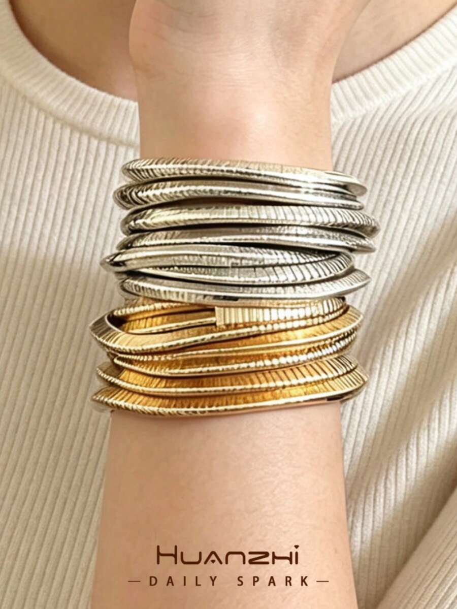 1pc European And American Style Gold And Silver Color Patchwork Elastic Rope Bracelet, Minimalist INS Style Fashion Bracelet Set, Suitable For Women's Daily Wear - Multicolor - View 1
