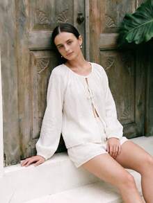 2pcs/Set Women's Apricot Puff Long Sleeve Tie-Up Sexy Round Neck Nightgown Pajama Set - Apricot - View 3
