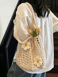 Yogodlns Women Knitted Hollow Out Tote Bags New Large Capacity Shoulder Composite Bag Weave Beach Vacation Handbags Summer Western Knitted Tote Bag For Women - Beige - View 3