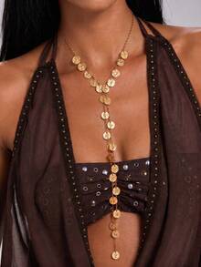 1pc Personalized Metal Disc Tassel Long Necklace, Minimalist Geometric Disc Patchwork Design, Layerable Decorative Necklace, Fashion Accessory For Daily Wear - Gold - View 2