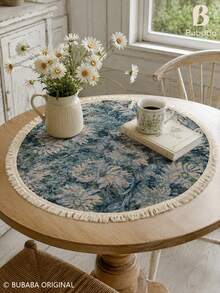 Vintage Blue Floral Round Tablecloth With Fringe, Woven Polyester Cotton Table Cover For Dining Table, Coffee Table, Side Table & Home Decor - Blue - View 7