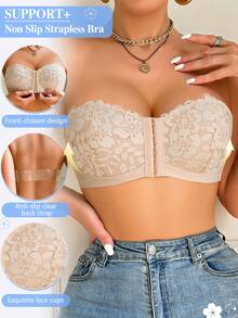 1pc Women's White Underwire Front Closure Lace Bra, Sexy Comfortable Lift Support Push-Up Lingerie, Strapless Bra - Beige - View 6