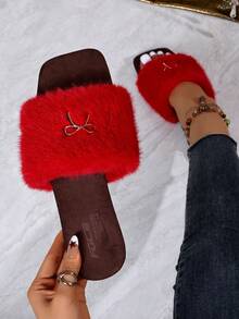 Women's Autumn/Winter Fashion Fuzzy Slip-On Slippers, Metal Bow Decor Open Toe Flat Slippers, Soft Comfortable Indoor/Outdoor Fuzzy Slippers - Red - View 8