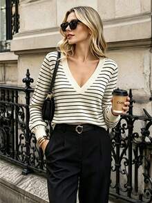 Elegant Retro Striped Contrast Color Commuter Style Casual Spring/Autumn Top For Women - Black and White - View 1