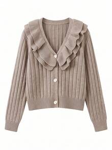 Cardigan Rajut Wanita Warna Oatmeal Musim Gugur/Semi dengan Ruffle Ganda, Leher V, Lengan Panjang Pendek, Kancing Mutiara di Depan, Lembut, Elegan, Kasual, Cocok untuk Kantor dan Kencan. - Warna karang - View 11