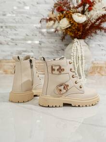 Girls' Double Metal Buckle Boots, Autumn/Winter New Side Zipper Lace-Up Thick Sole Fashion British Style Ankle Boots - Beige - View 4