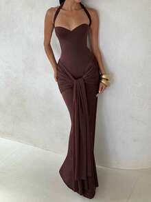 Spring/Autumn Solid Color Halter Tie Sleeveless Cinched Waist Long Elegant Dress, Party Date Dinner Afternoon Tea Evening Gown, Summer - Dark Brown - View 3