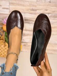 Women's Round Toe Petal Lace Trim Shallow Flat Ballet Shoes, Retro Artistic Style, Comfortable Commuter Driving Loafers For Spring And Autumn - Brown - View 6