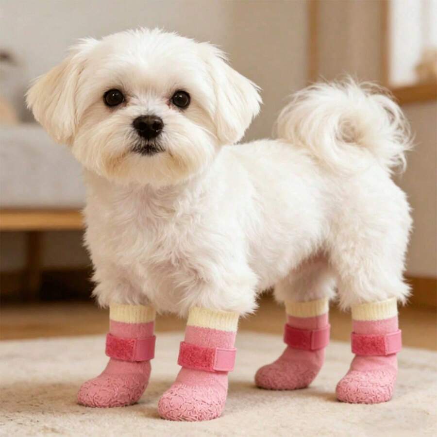 4pcs/Set Pink Ombre Waterproof Dog Shoes, Anti-Slip Paw Protection With Adjustable Strap, Warm & Moisture-Proof For Indoor & Outdoor Small Pets - Multicolor - View 1